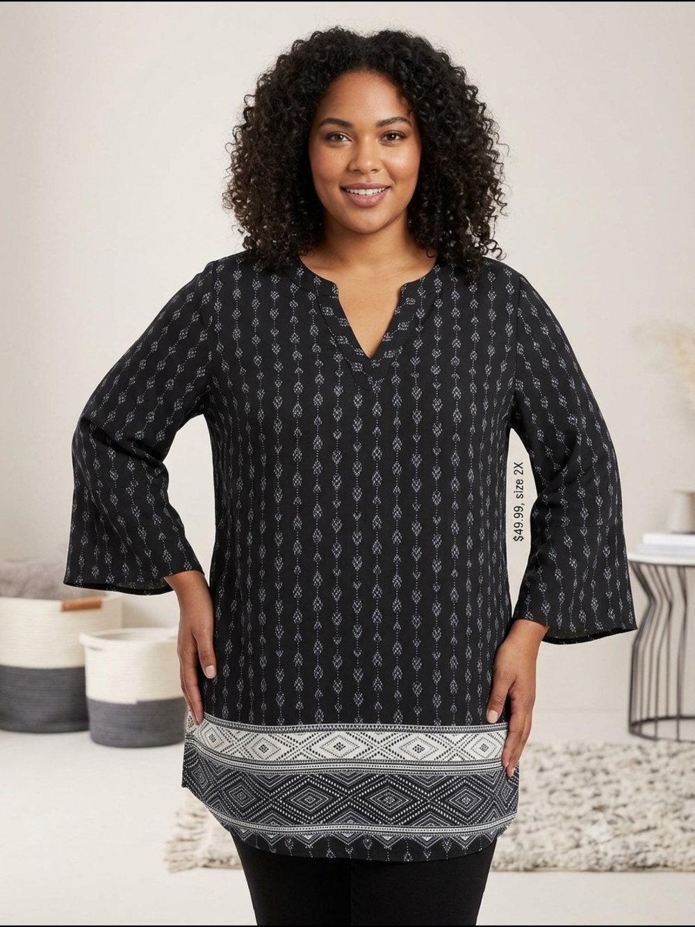 Kim Rogers Curvy Printed Tunic Top Boho Bell Sleeve